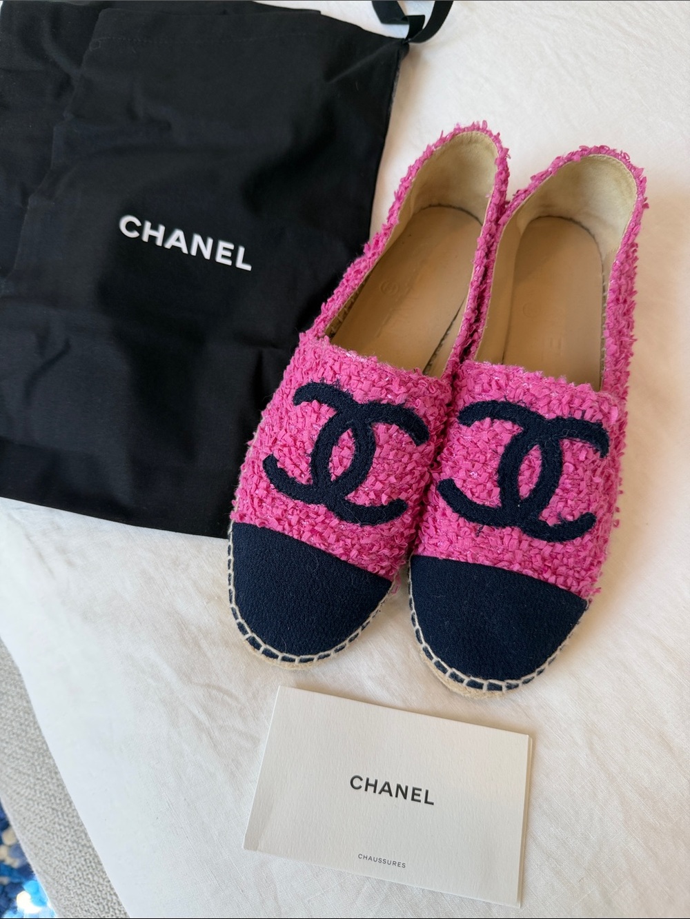 CHANEL Pink Bouclé Espadrilles with Navy Cap Toe and CC Logo